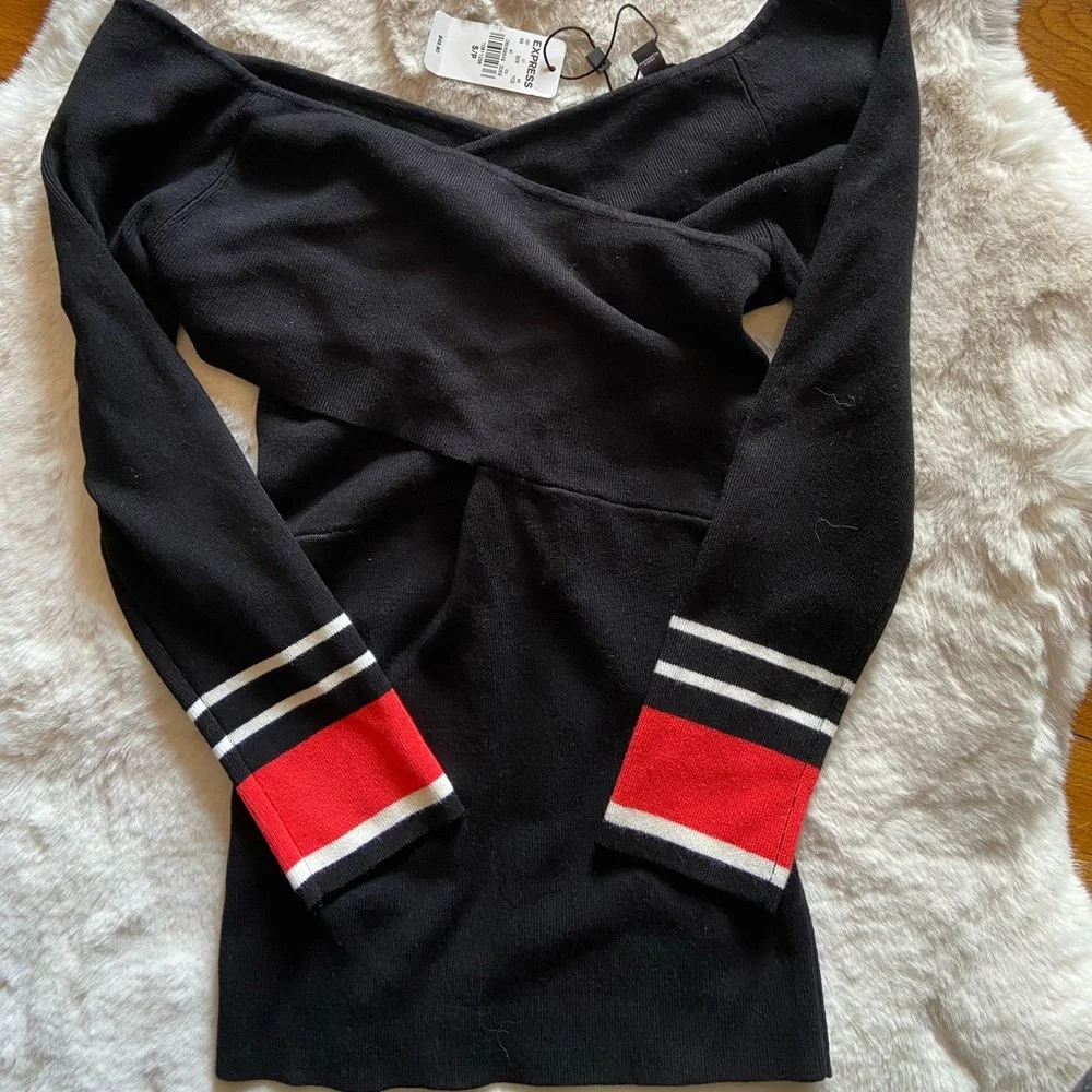 Express Black Off-the-Shoulder Sweater with Red Stripe Cuffs